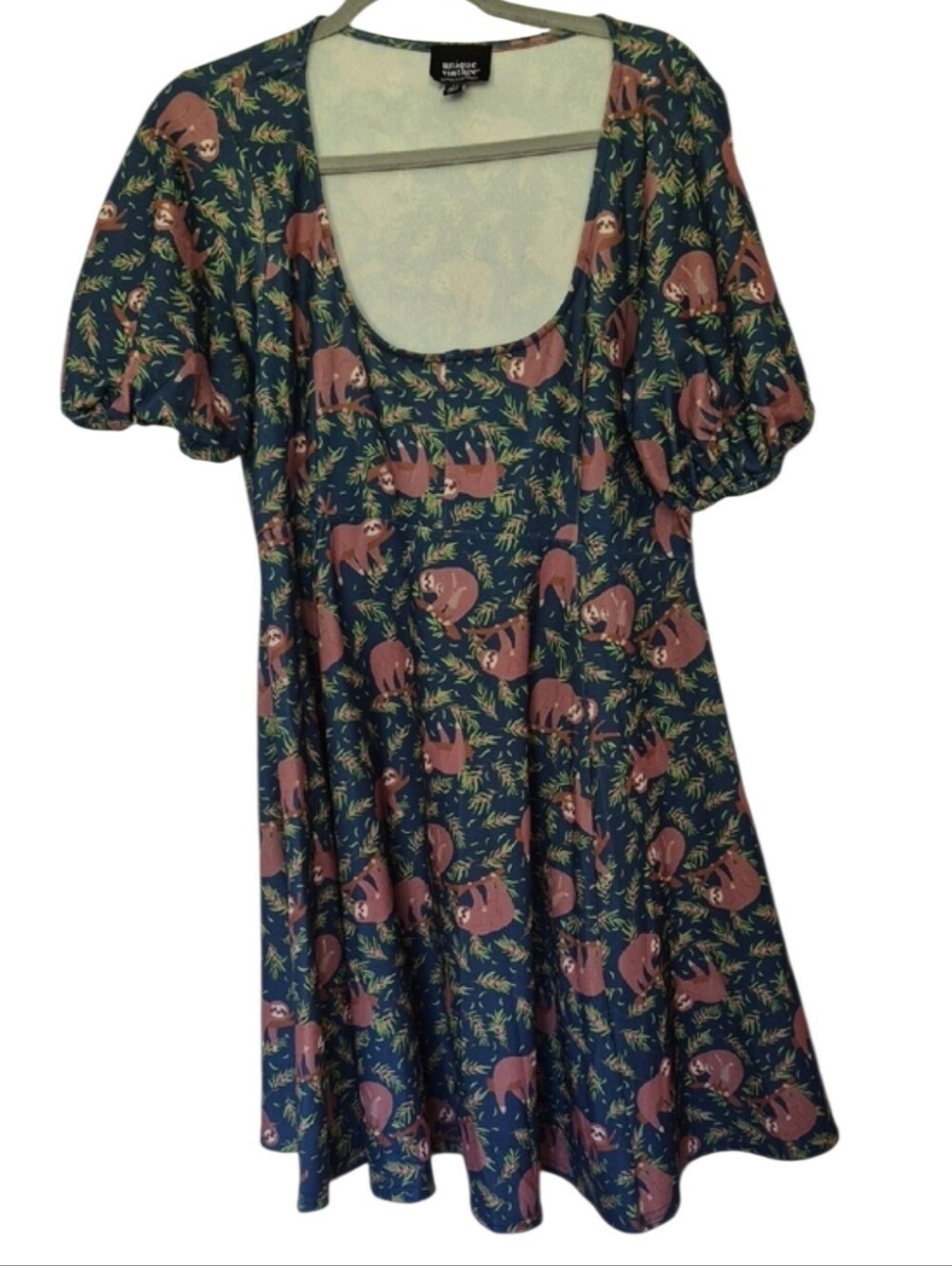 Unique Vintage Size Large 10/12 Sloth Print Dress Stretchy Puffy Sleeves